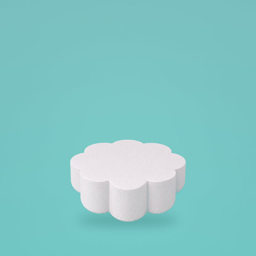 Petal foam cake dummy 6 inch diameter, 3 inch tall, rounded lobed edge, smooth white finish, ready to decorate