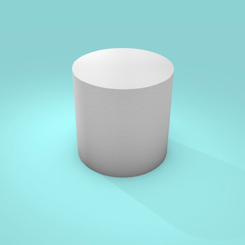 Round foam cake dummy 6 inch diameter by 6 inch tall, smooth white finish, ready to decorate