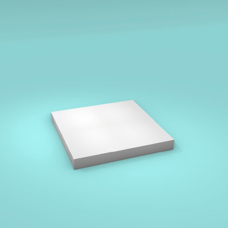 Square foam cake dummy 9 inch by 9 inch, 1 inch tall, smooth white finish, ready to decorate