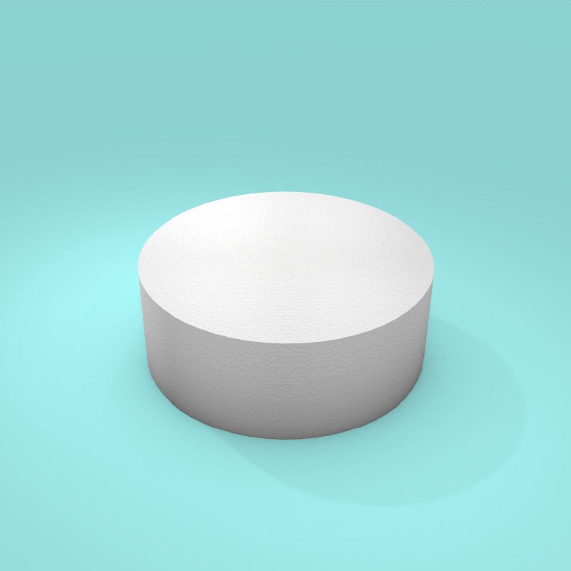 Round foam cake dummy 8 inch diameter by 3 inch tall, smooth white finish, ready to decorate