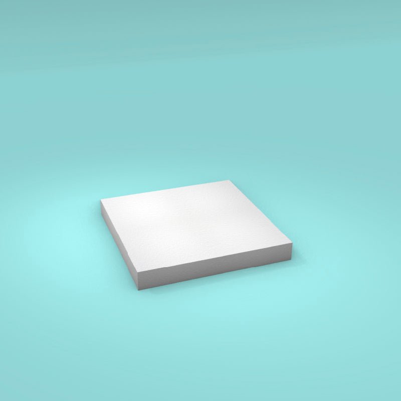 Square foam cake dummy 8 inch by 8 inch, 1 inch tall, smooth white finish, ready to decorate