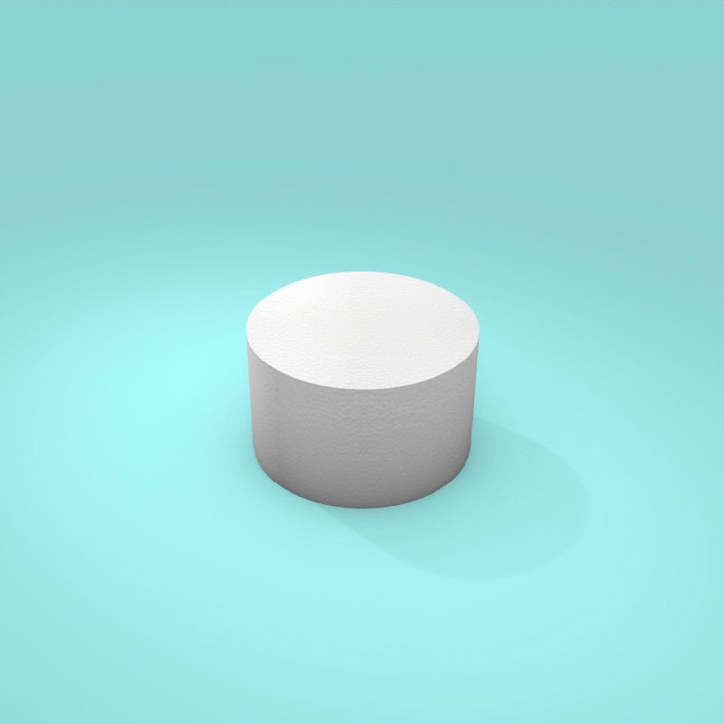 Round foam cake dummy 5 inch diameter by 3 inch tall, smooth white finish, ready to decorate
