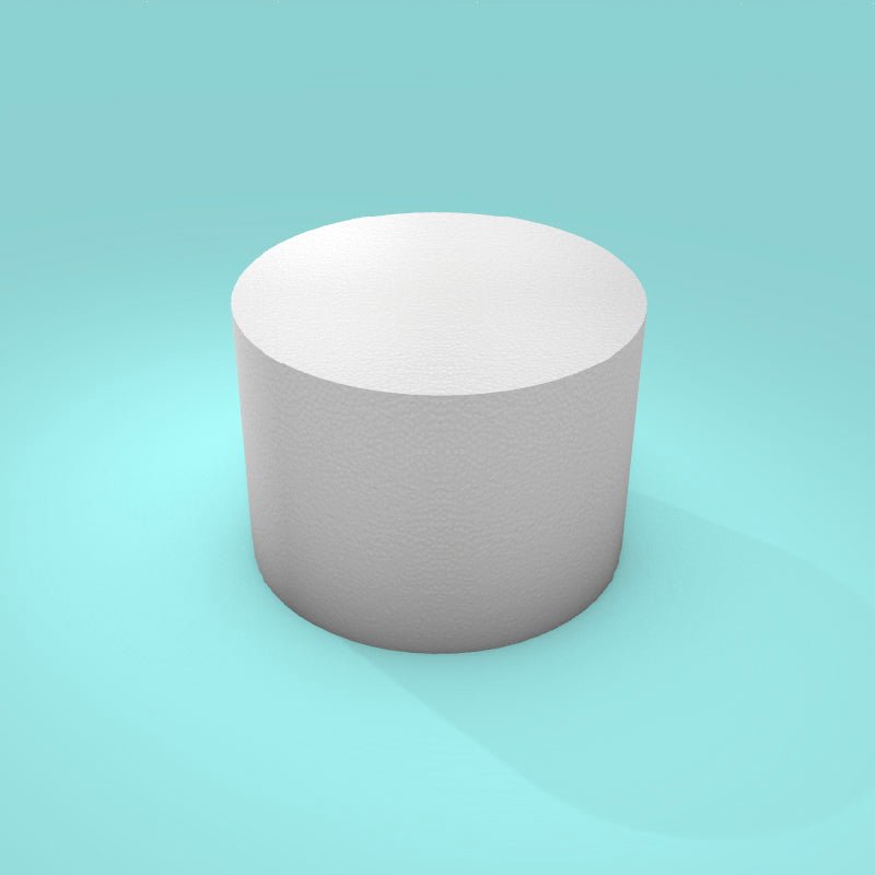Round foam cake dummy 7 inch diameter by 5 inch tall, smooth white finish, ready to decorate