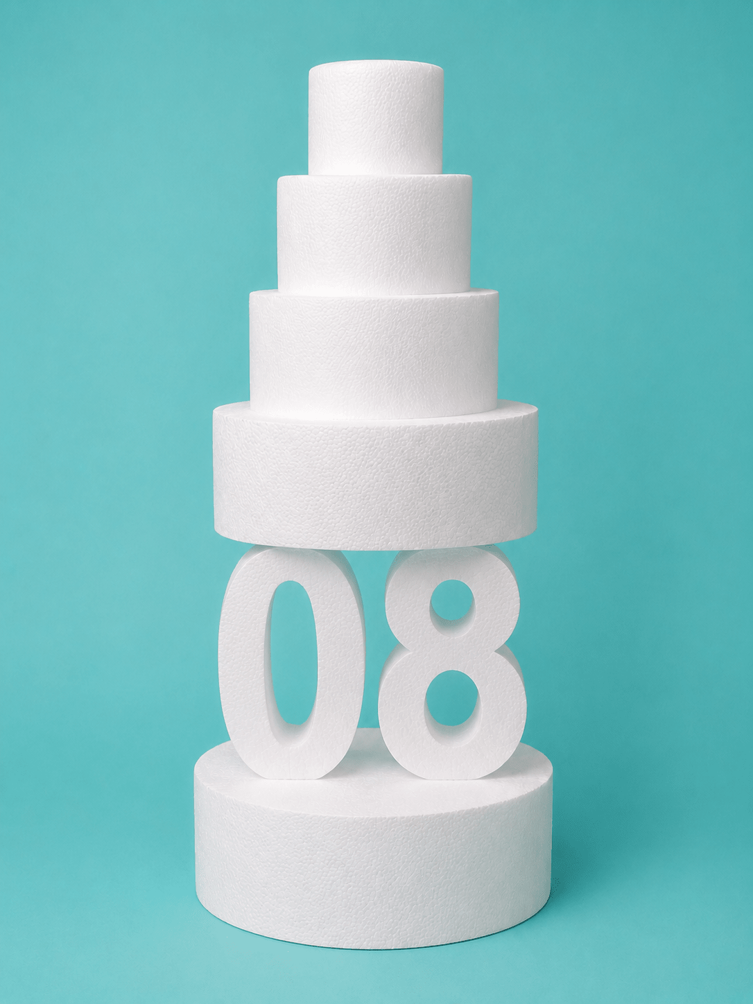 Number 8 foam cake dummy, 14 inch tall digit, 5 inch thick, smooth white finish, ready to decorate