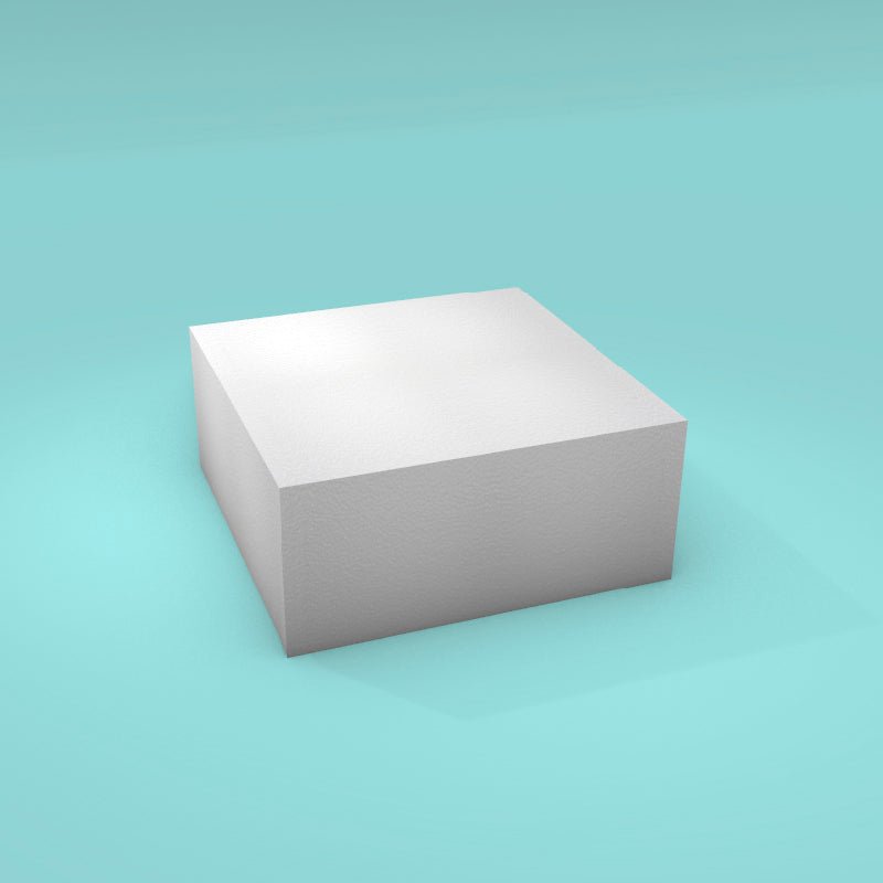 Square foam cake dummy 9 inch by 9 inch, 4 inch tall, smooth white finish, ready to decorate