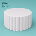 Scalloped foam cake dummy 12 inch diameter, 6 inch tall, wave-cut edge, smooth white finish, ready to decorate