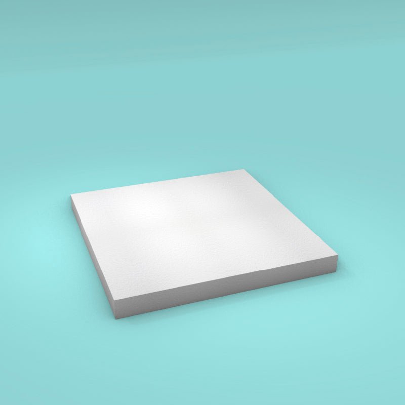 Square foam cake dummy 11 inch by 11 inch, 1 inch tall, smooth white finish, ready to decorate