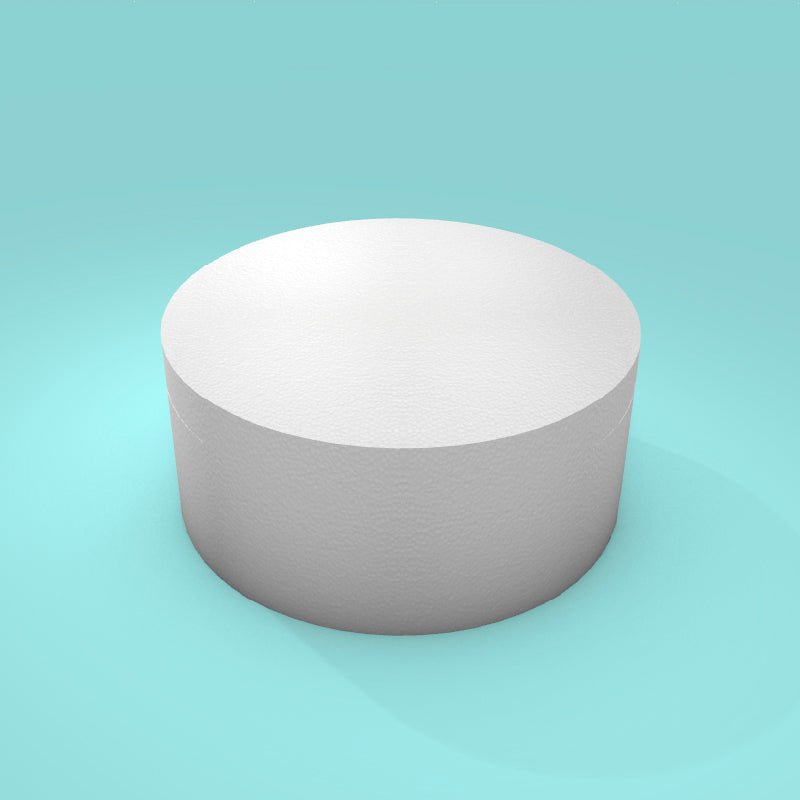 Round foam cake dummy 9 inch diameter by 4 inch tall, smooth white finish, ready to decorate