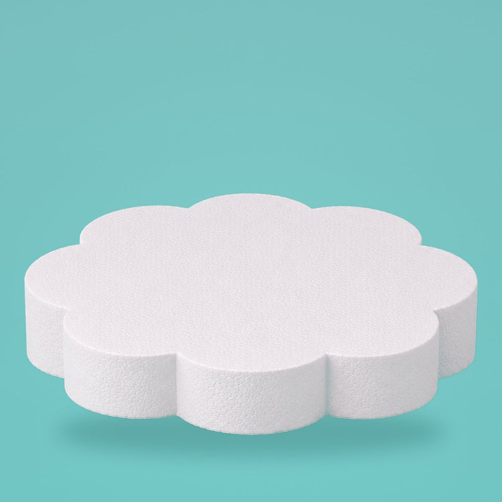 Petal foam cake dummy 12 inch diameter, 3 inch tall, rounded lobed edge, smooth white finish, ready to decorate