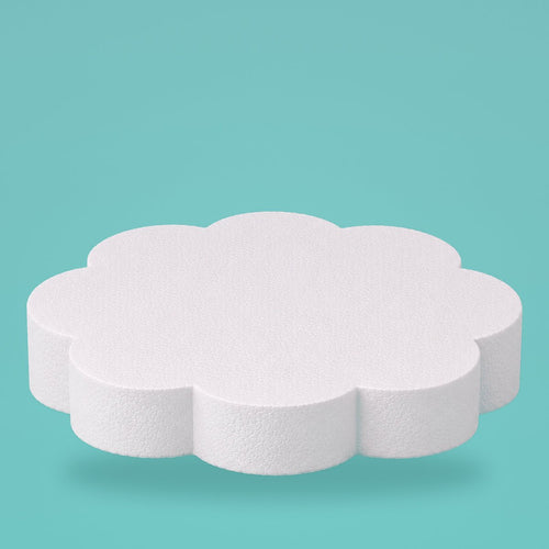 Petal foam cake dummy 12 inch diameter, 3 inch tall, rounded lobed edge, smooth white finish, ready to decorate