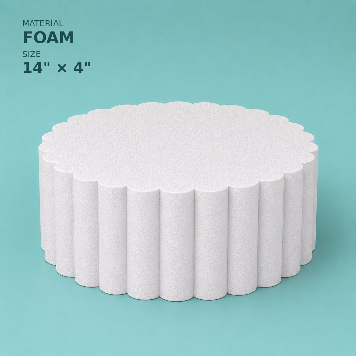 Scalloped foam cake dummy 14 inch diameter, 4 inch tall, wave-cut edge, smooth white finish, ready to decorate