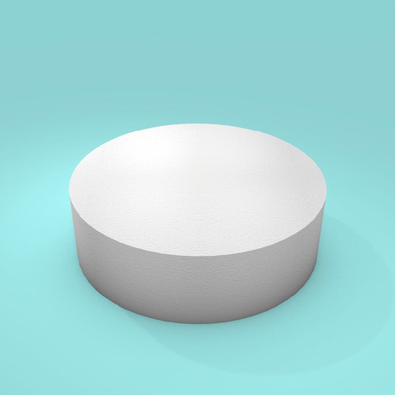 Round foam cake dummy 10 inch diameter by 3 inch tall, smooth white finish, ready to decorate