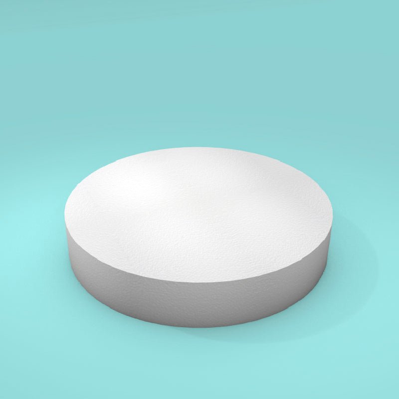 Round foam cake dummy 11 inch diameter by 2 inch tall, smooth white finish, ready to decorate