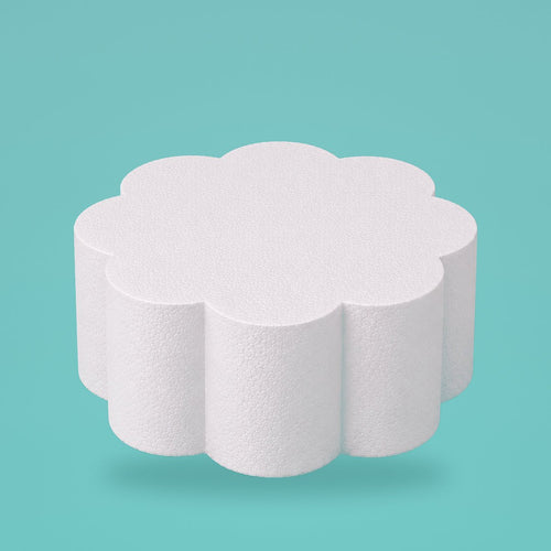 Petal foam cake dummy 10 inch diameter, 6 inch tall, rounded lobed edge, smooth white finish, ready to decorate