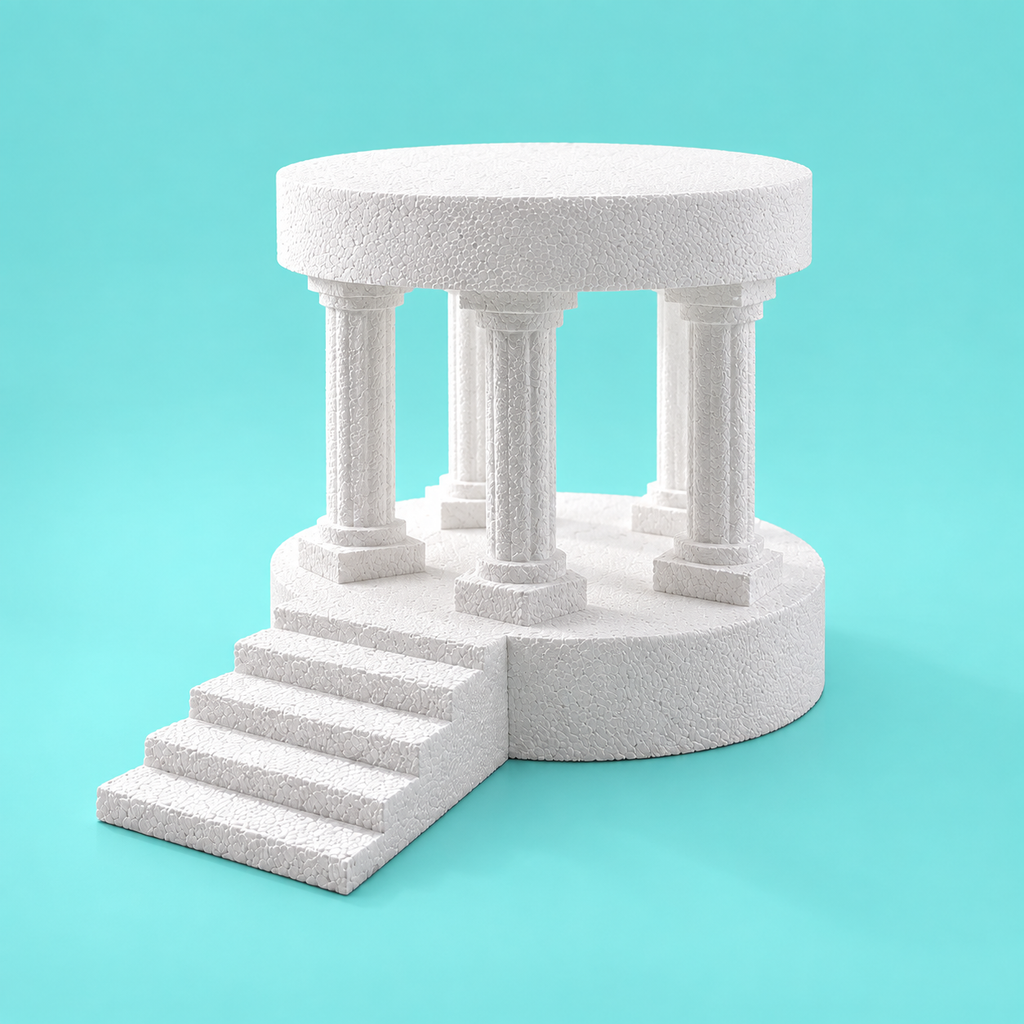 Foam cake display riser with Roman columns and staircase — assembled view 1, white stone-textured finish