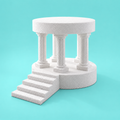 Foam cake display riser with Roman columns and staircase — assembled view 1, white stone-textured finish