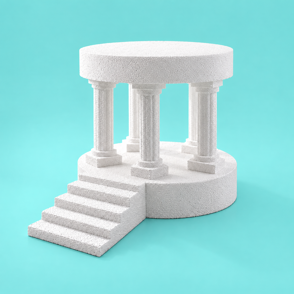 Foam cake display riser with Roman columns and staircase — assembled view 1, white stone-textured finish