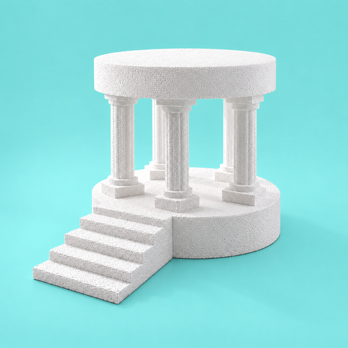 Foam cake display riser with Roman columns and staircase — assembled view 1, white stone-textured finish
