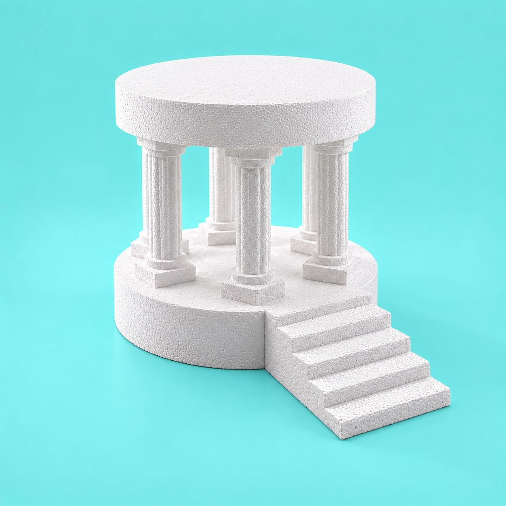 Foam cake display riser with Roman columns and staircase — assembled view 2, showing columns and stairs detail