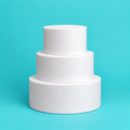 Round foam cake dummy tower set, three stacked tiers 5, 7 and 9 inches in diameter, each 4 inches tall, smooth white finish