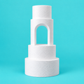 Four-tier round foam cake dummy tower with arch cutout, diameters 5, 6, 7 and 9 inches, smooth white finish