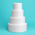 Round foam cake dummy wedding tier set, four stacked tiers 6, 8, 10 and 12 inches in diameter, each 6 inches tall, smooth white finish
