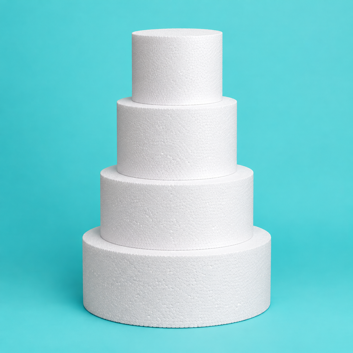 Round foam cake dummy wedding tier set, four stacked tiers 6, 8, 10 and 12 inches in diameter, each 6 inches tall, smooth white finish