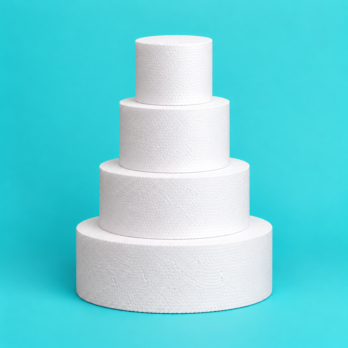 Round foam cake dummy wedding tier set, four stacked tiers 6, 9, 12 and 16 inches in diameter, smooth white finish