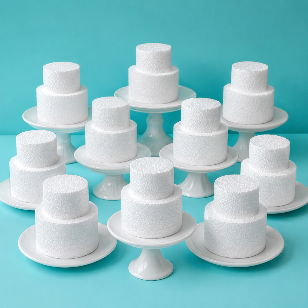Foam mini wedding cake dummy, 2 tier, 4 inch base, cross section cut showing solid foam