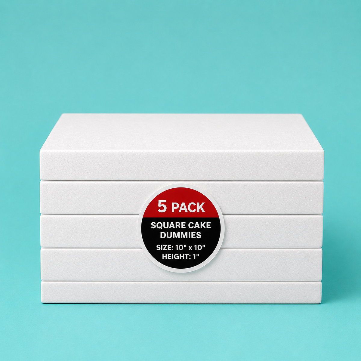 Stack of five 10"x10" square foam cake dummy risers, 1 inch tall, with a "5 Pack" label — base-tier riser for cake display stability, free shipping