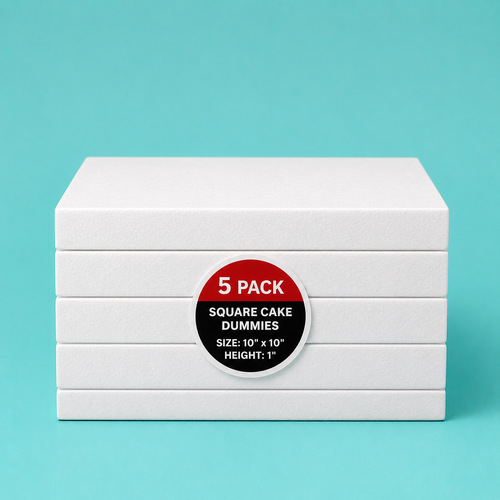 Stack of five 10"x10" square foam cake dummy risers, 1 inch tall, with a "5 Pack" label — base-tier riser for cake display stability, free shipping