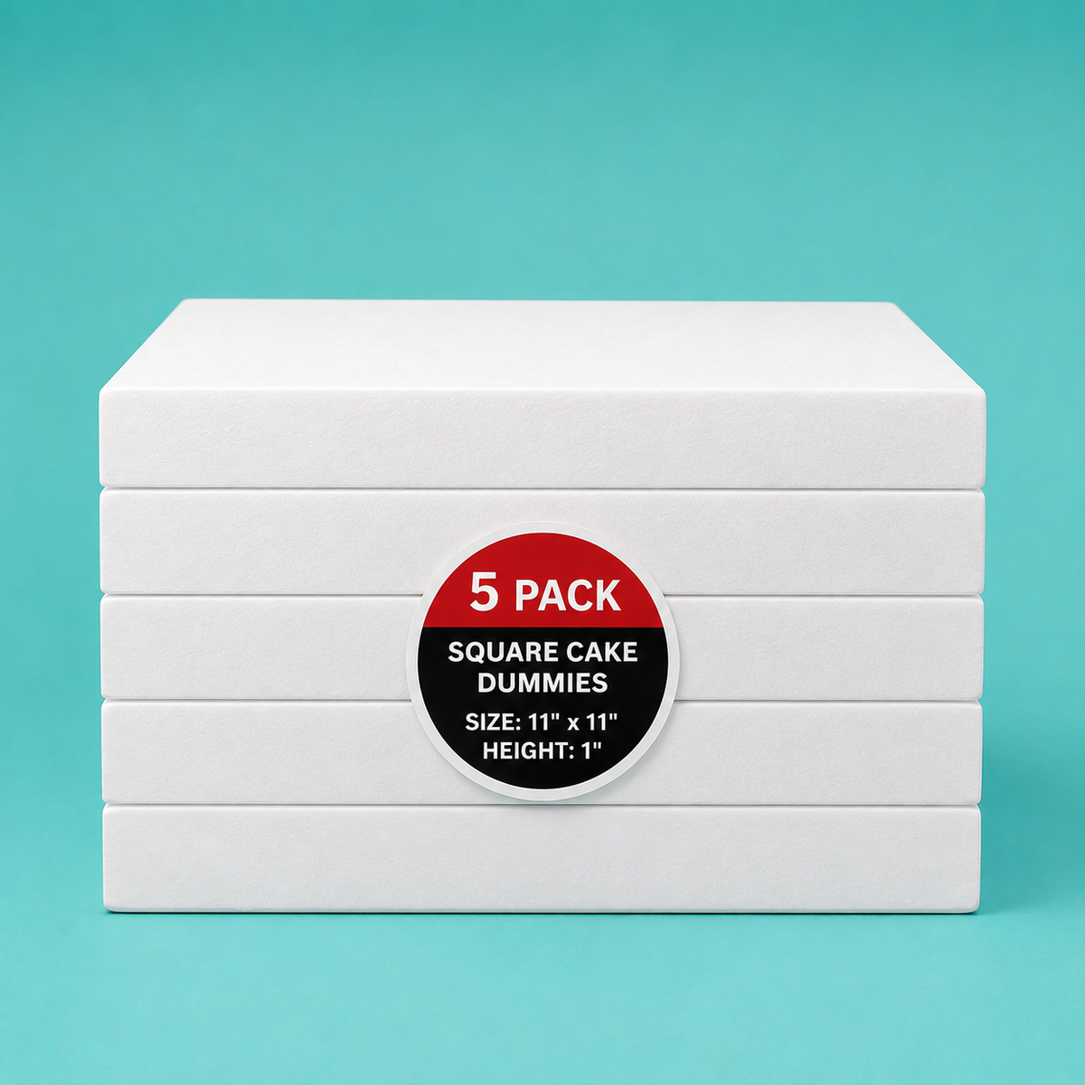 Stack of five 11"x11" square foam cake dummy risers, 1 inch tall, with a "5 Pack" label — base-tier riser for cake display stability, free shipping