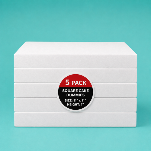 Stack of five 11"x11" square foam cake dummy risers, 1 inch tall, with a "5 Pack" label — base-tier riser for cake display stability, free shipping