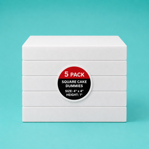 Stack of five 4"x4" square foam cake dummy risers, 1 inch tall, with a "5 Pack" label — base-tier riser for cake display stability, free shipping