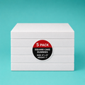 Stack of five 9"x9" square foam cake dummy risers, 1 inch tall, with a "5 Pack" label — base-tier riser for cake display stability, free shipping