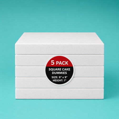 Stack of five 9"x9" square foam cake dummy risers, 1 inch tall, with a "5 Pack" label — base-tier riser for cake display stability, free shipping