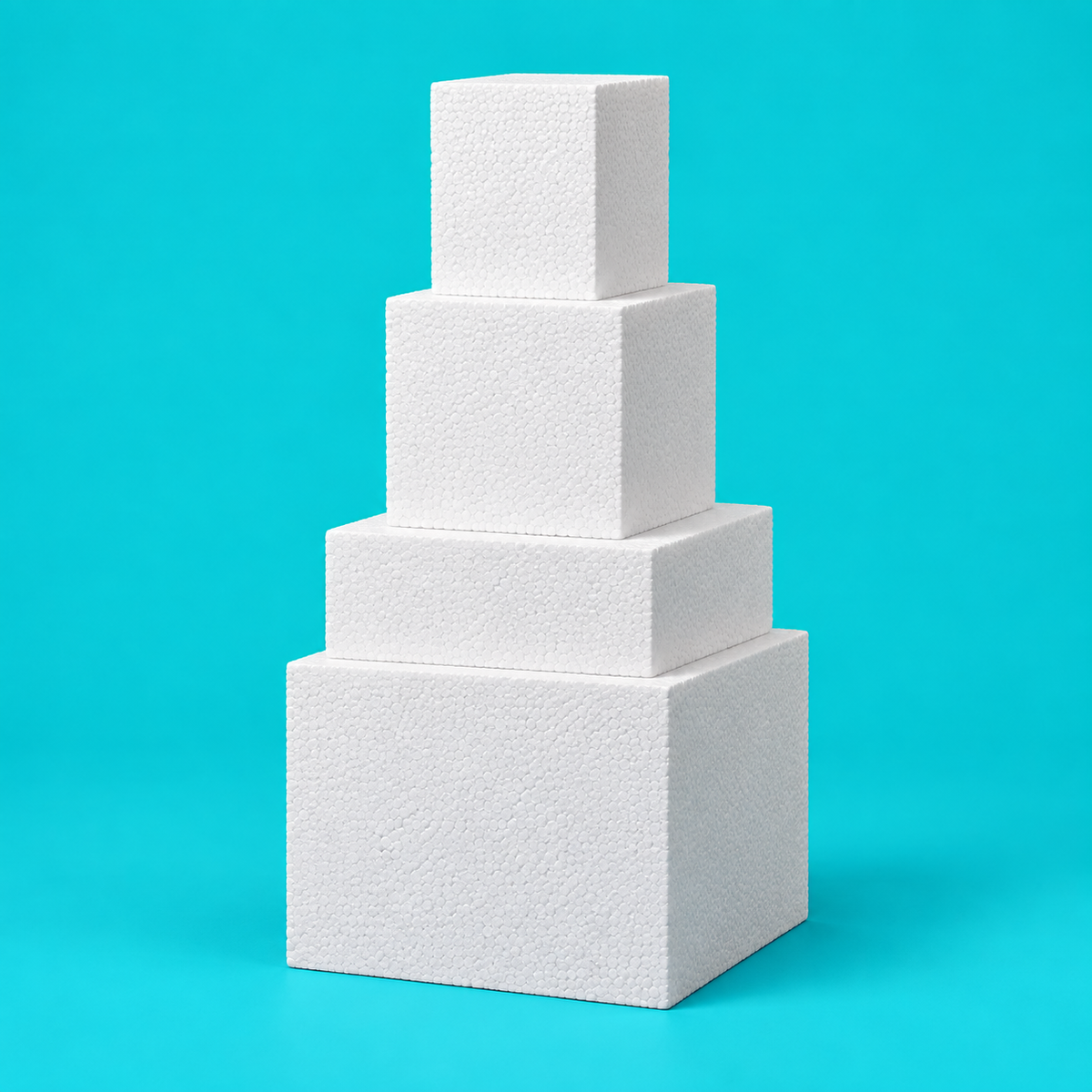 Four-tier square foam cake dummy tower for birthdays and weddings, sizes 5, 7, 9 and 11 inches, smooth white finish