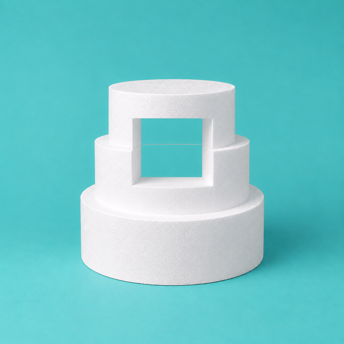 3-piece square foam cake dummy set with center hole, 12, 14 and 16 inch sizes, smooth white finish