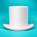 White top hat foam cake dummy with tall round crown and oval brim with curved upstand, front view