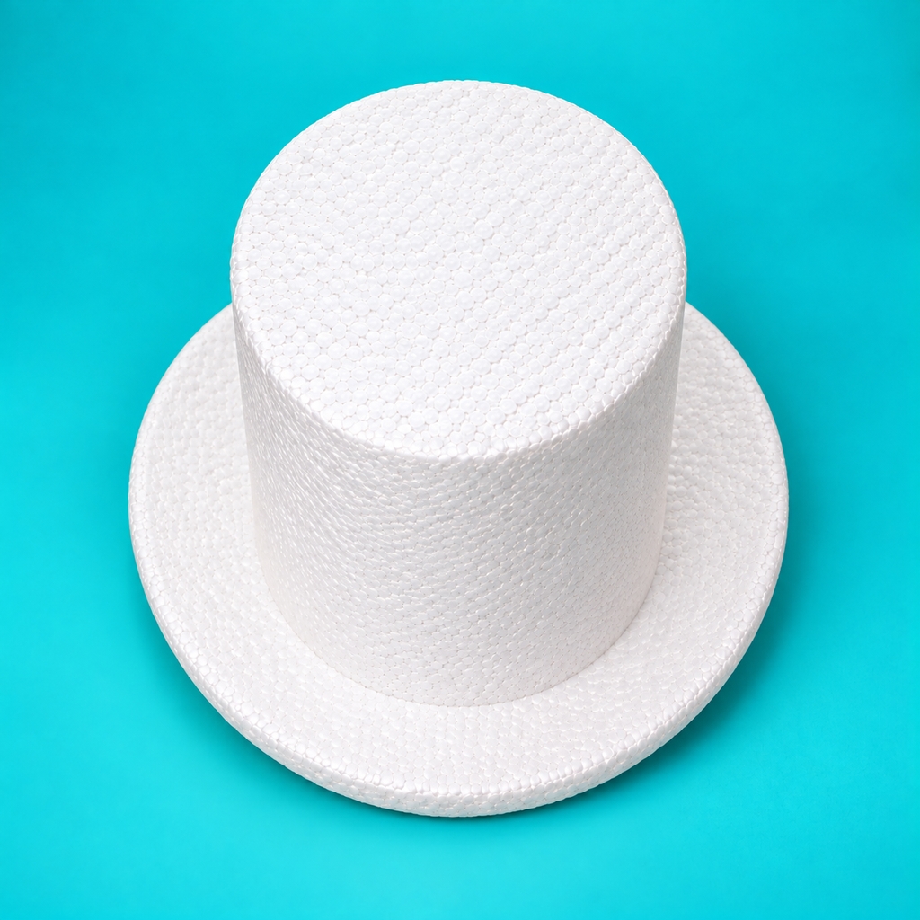 Top hat foam cake dummy top view showing round crown and oval brim
